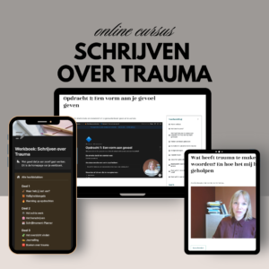 je ziet op een telefoon het werkboek voor traumaverwerking, een tablet met een les over wat trauma met woorden te maken heeft en een desktop met de gehele online cursus met inhoudsopgave en de eerste opdracht over een vorm geven aan je gevoel